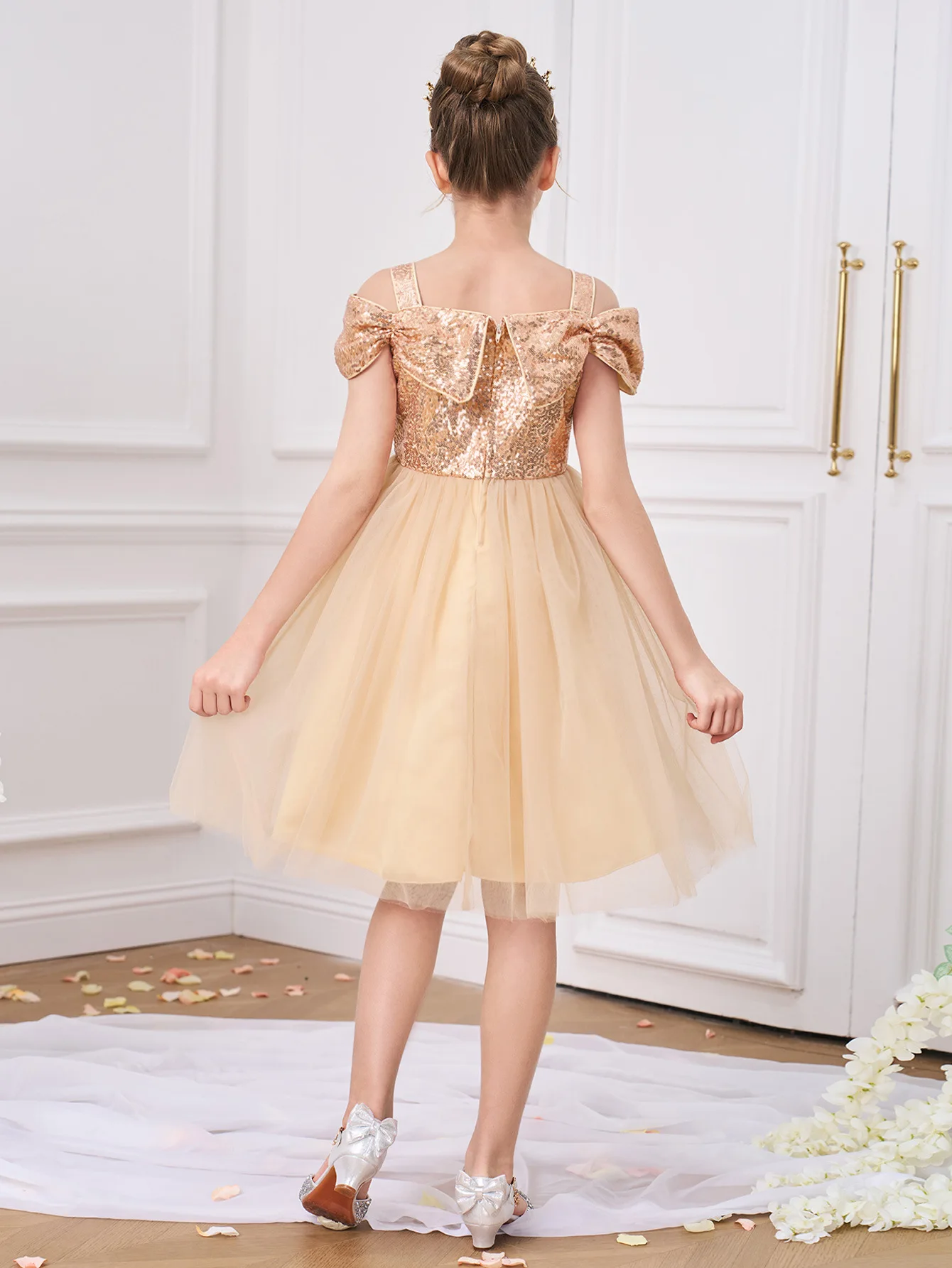 Teens Elegant Gold Sequin Party Girls Dress Shouldeless Bow Wedding Bridesmaid Prom Gown Birthday Princess Dresses Kids Clothing