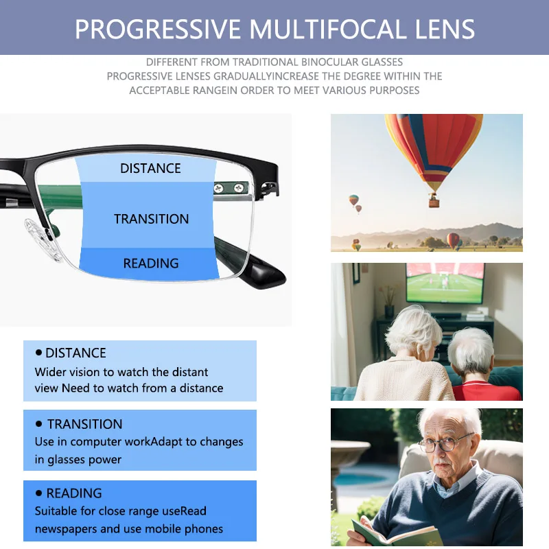 Progressive Multifocal Reading Glasses Blue Light Blocking for Men, Rectangular Half Frame, Zero Magnification on Top Lens