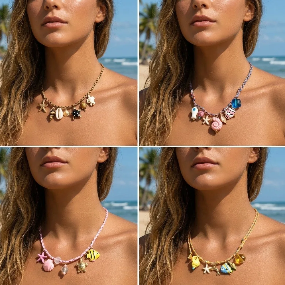 Cute Ceramic Fish Pendant Orange Weave Shell Vintage Beach Party Necklace Colorful Braided Rope Adjustable Choker Jewelry