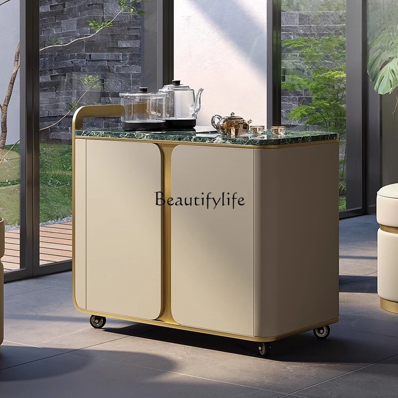 

03 Premium light luxury living room balcony movable small tea cart stainless steel marble kettle integrated tea table
