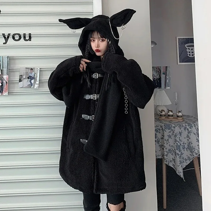 Y2k E-girl Streetwear Gothic Neckerchief Women Harajuku Vintage Mall Goth Grunge Cute Rabbit Cap Scarf with Chain Emo Alt Wrap