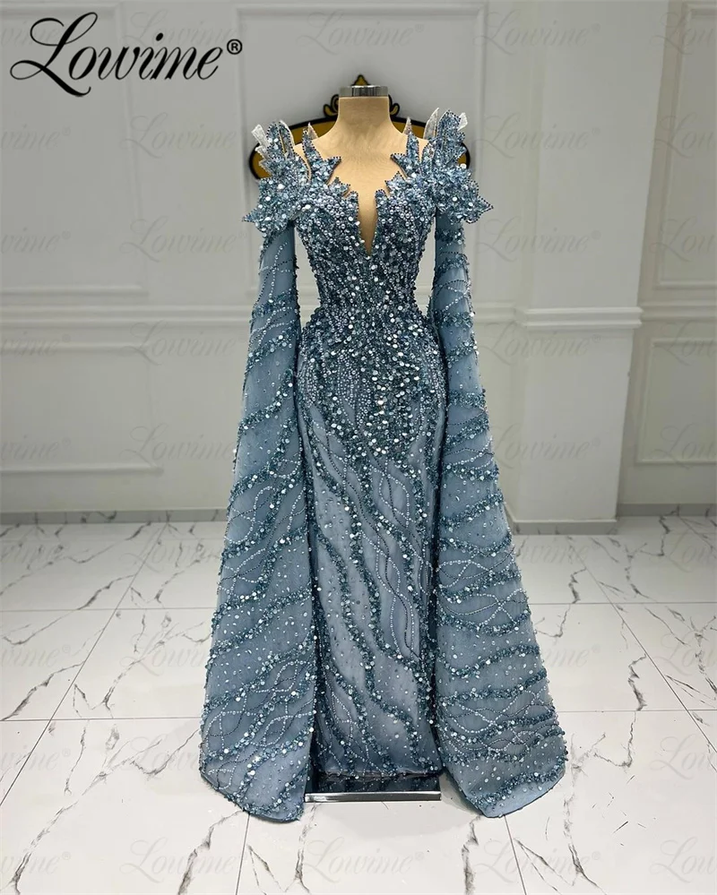 Blue Evening Dress Dubai Arabic Long Sleeve Celebrity Dresses 2024 Couture Heavy Beads Aso Ebi Crystal Plus Size Party Prom Gown