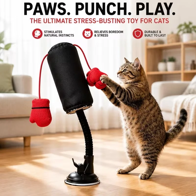 Cat boxing punching bag toy,interactive cat boxing toy,with hanging boxing gloves,sturdy suction cup base rocking cat boxing toy