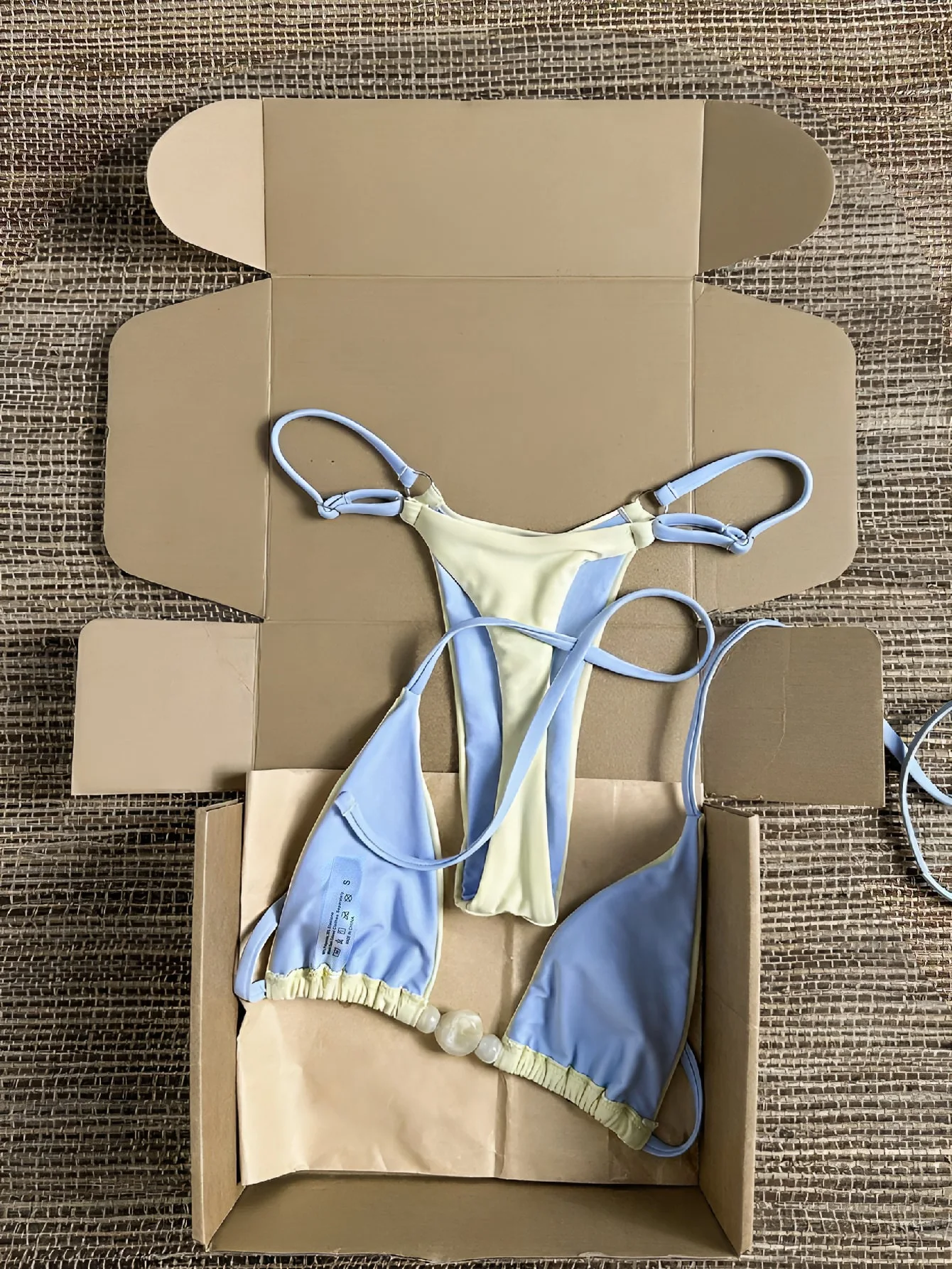 Two Tone Cream Blue Pearl Decor Bikini Set Women High Cut Beach Bathing Suit.