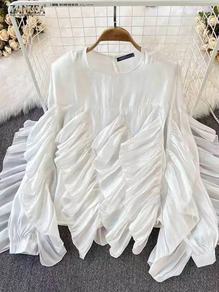 ZANZEA Women Korean Ruffle Blouse Fashion Ruffle Patchwork Long Sleeve Tops 2024 Autumn White Loose Blusus Chic Round Neck Tunic