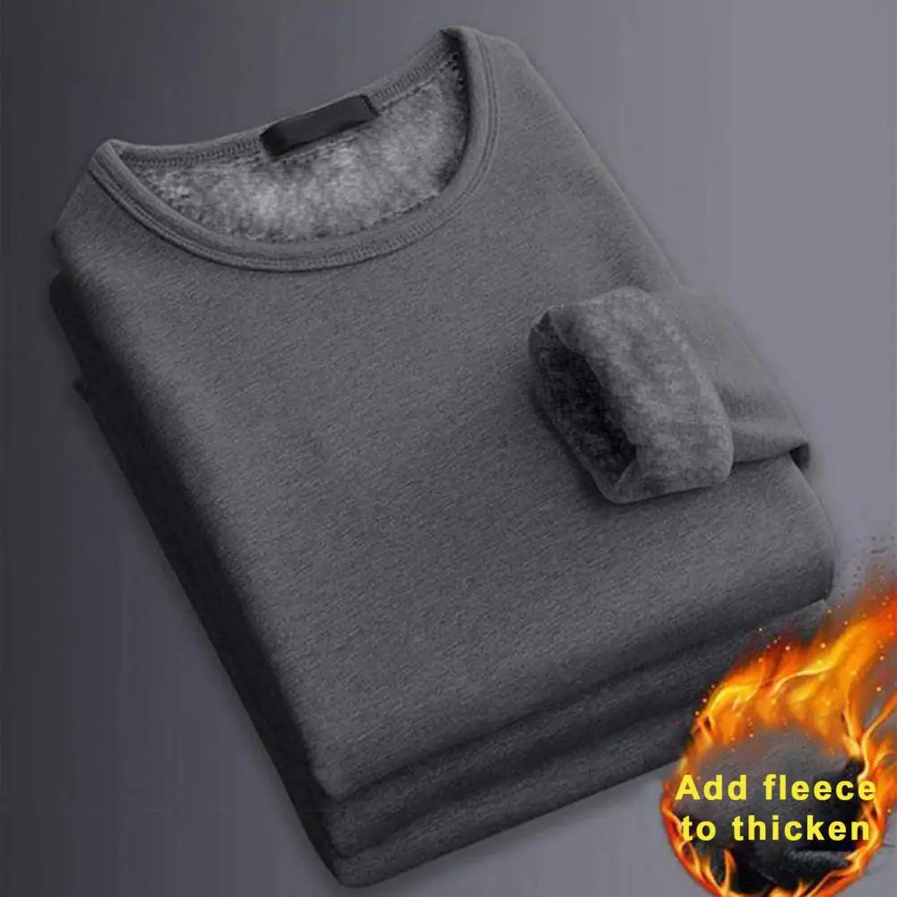 Fall Winter Thermal Underwear Top Shirt Men Thickened Plush Warm O Neck Elastic Solid Color Plus Size Bottoming Top Underwear