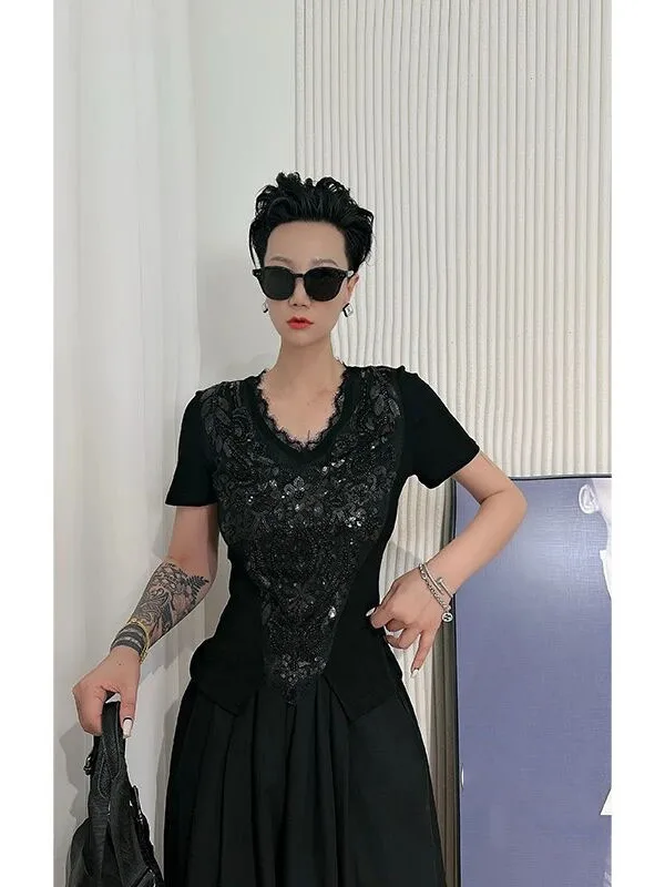 

Slimming Splice Knitted Base Shirt Women's Inner Wear New Style Lace Heavy-duty Beads Commute Style Korean Version V-neck
