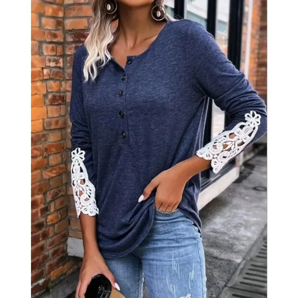 

Женская футболка размера плюс 1XL-5XL с круглым вырезом и длинными рукавами, кружевной лоскутный кардиган с рукавами на пуговицах, свободный топ