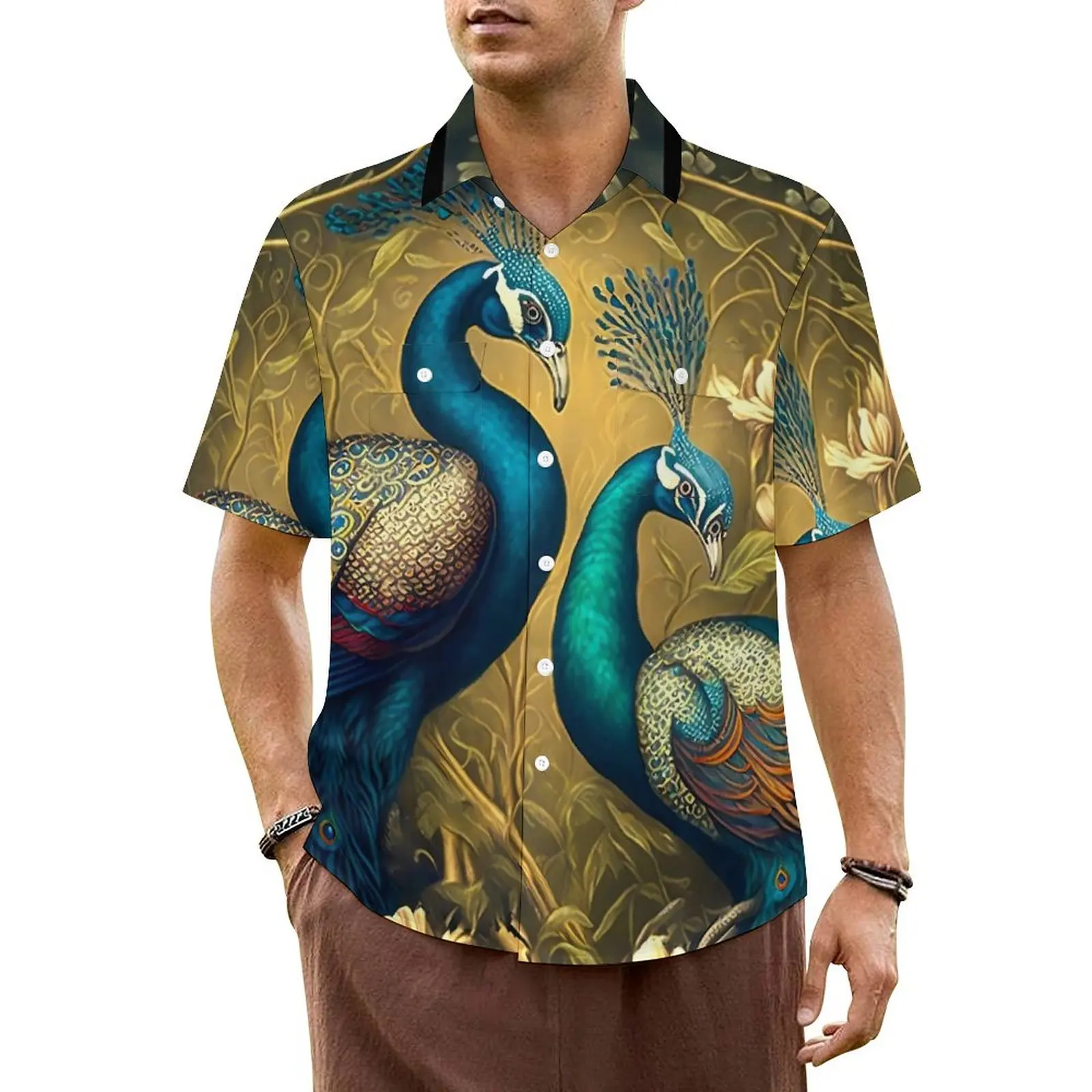 

Peacock Friends Vacation Shirt Animal Print Hawaii Casual Shirts Man Trendy Blouses Short-Sleeved Y2K Street Printed Tops