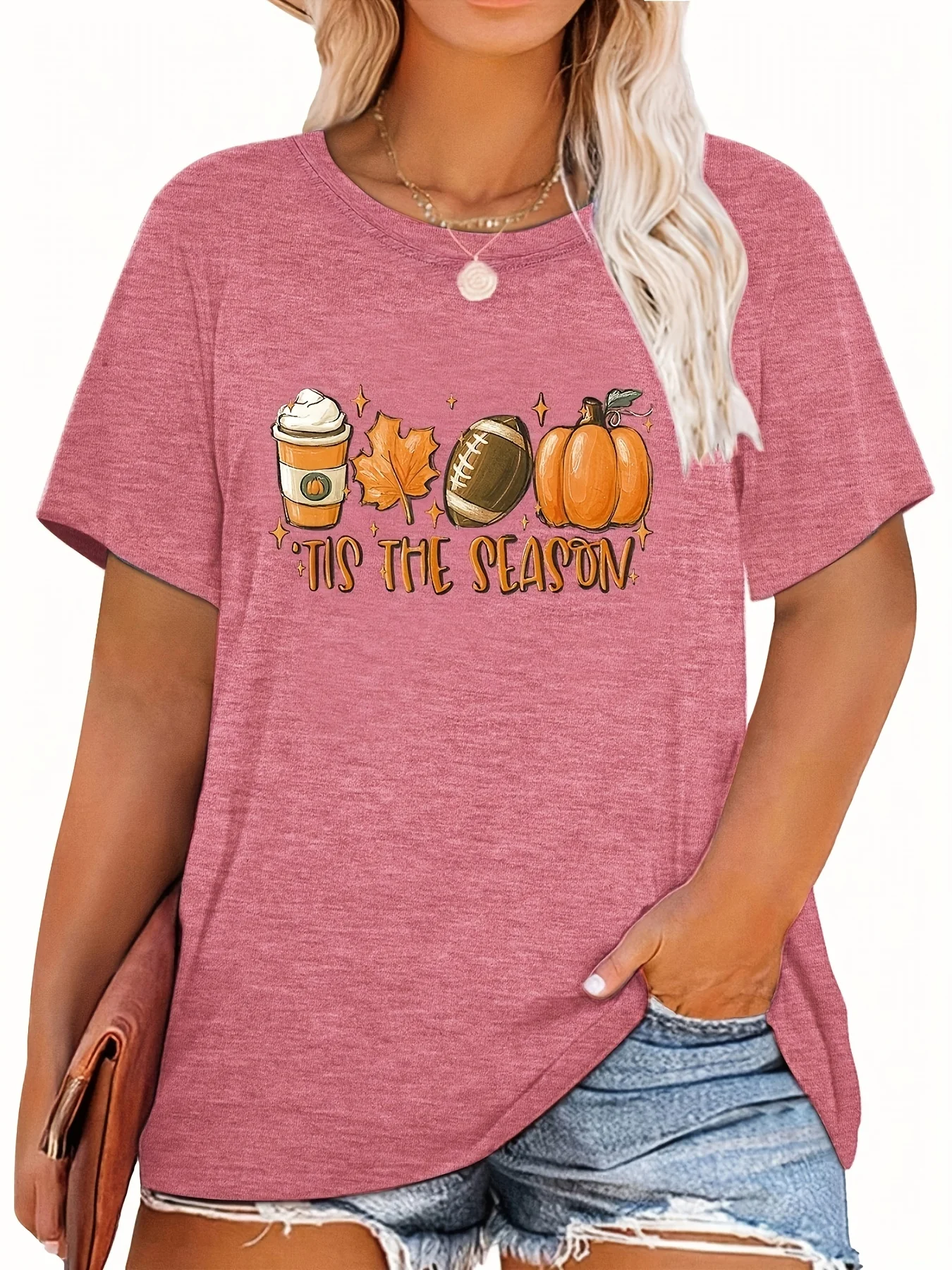Plus Size Thanksgiving Casual T-shirt, Women's Plus Graphic & Slogan Print Short Sleeve Round Neck T-shirt