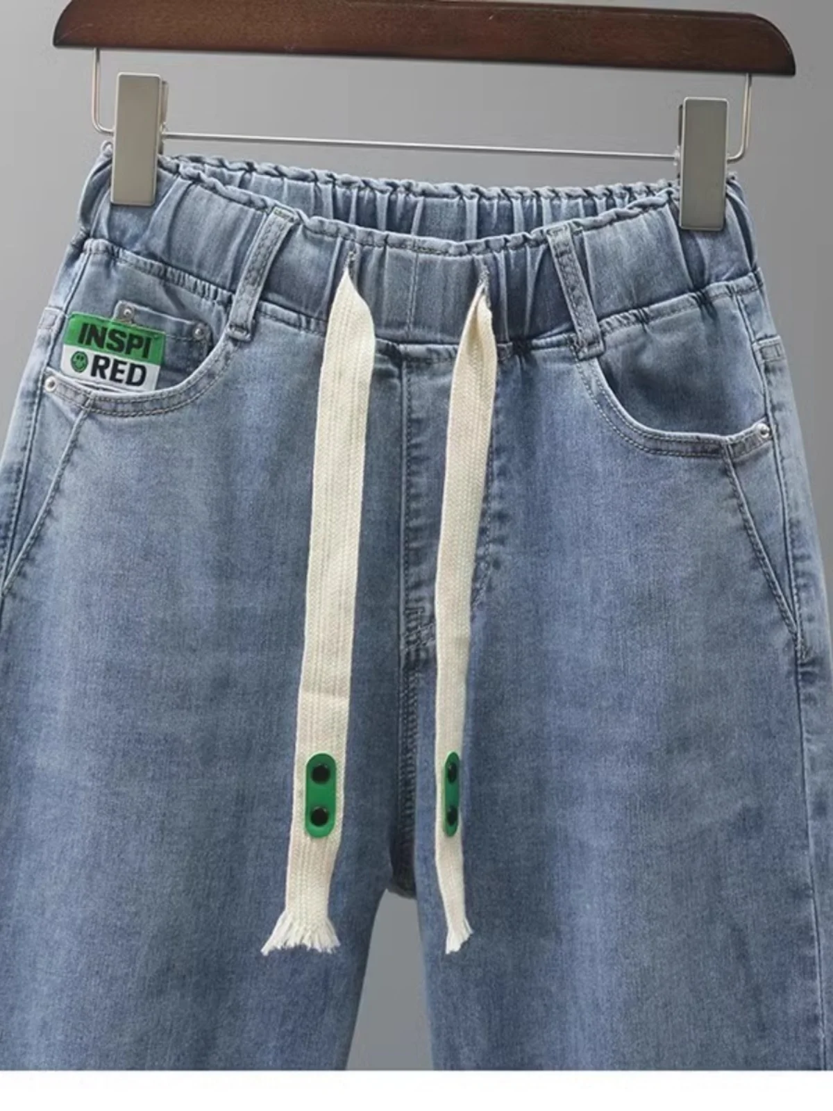 Elastic Waist Casual Loose Women's Jeans Light Blue Spring Autumn New Style Slimming Cabbage Pants High Waist Nine Points