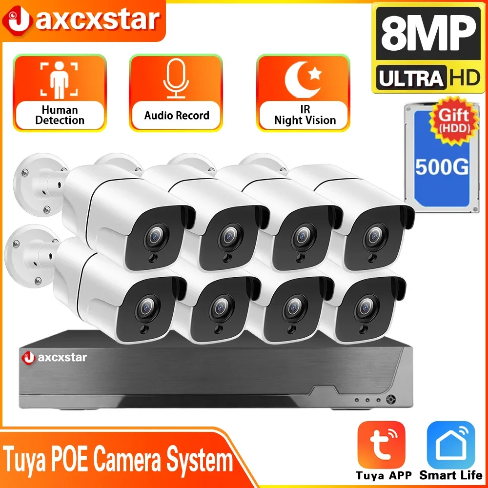 

8CH 4K Tuya POE NVR Security System 8MP/5MP Outdoor CCTV Camera Audio Record Human Detect Security Protection Surveillance Kit