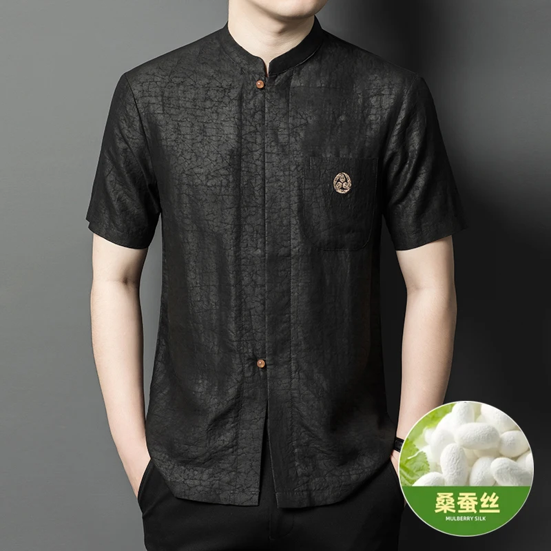 

100% Mulberry Silk Premium Shirts For Men Short Sleeved Icy Cool Summer Quality Comfortable Gambiered Canton Gauze Chemise Homme