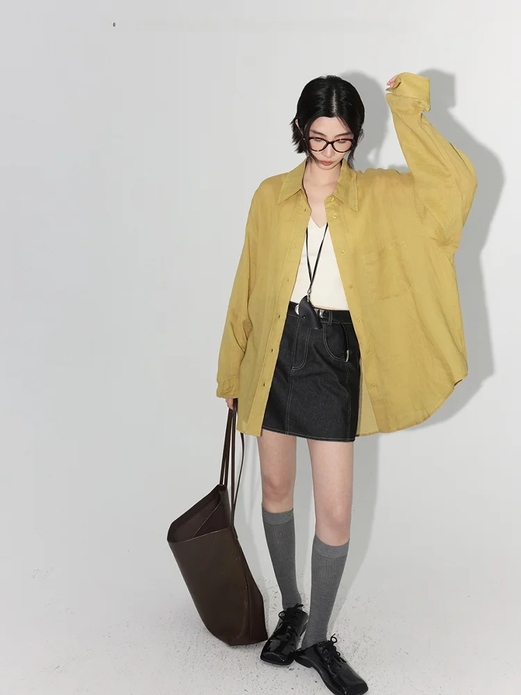 

JCCC Shadow Summer Dopaamine Three-color Relaxing 100% Flax Loose Slimming Versatile Shirt Women's Fashion Loose Fit Long Sleeve