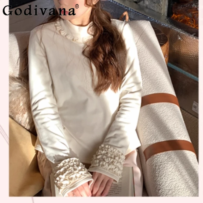 

Женская осенне-зимняя новая бежевая милая футболка с длинными рукавами для девочек, водолазка, модный универсальный возрастной топ с тонкими оборками в стиле Лолиты