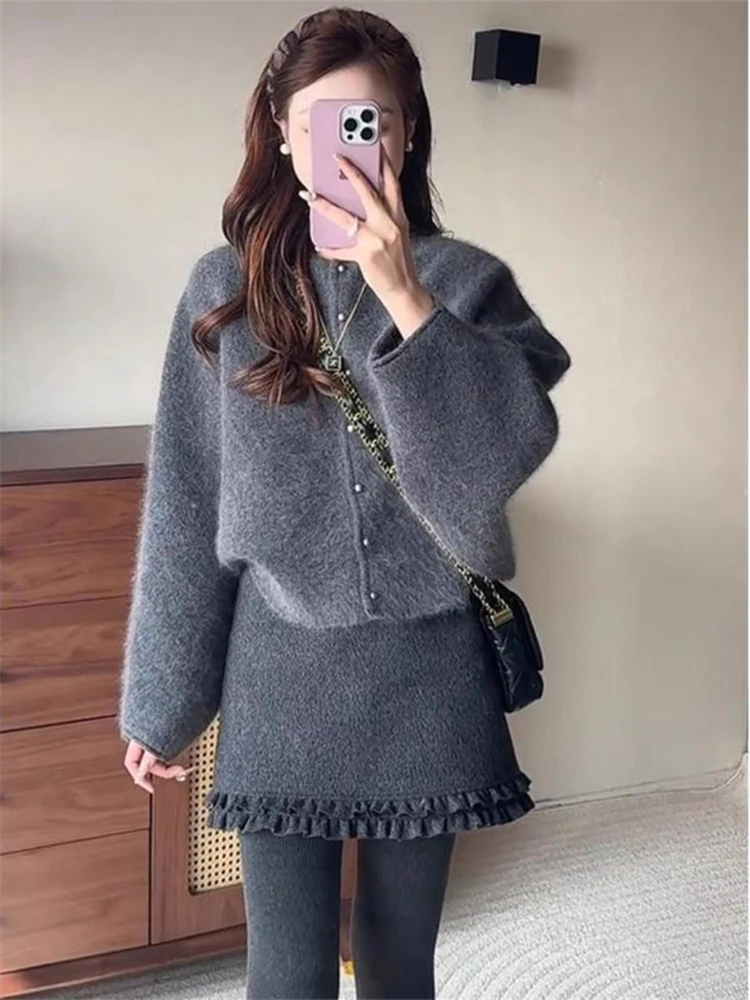 

Korean Sle f-length A-line Skirt Women's Spring Autumn plus Size Retro High Waist Slimming ort Skirt with Wood ain