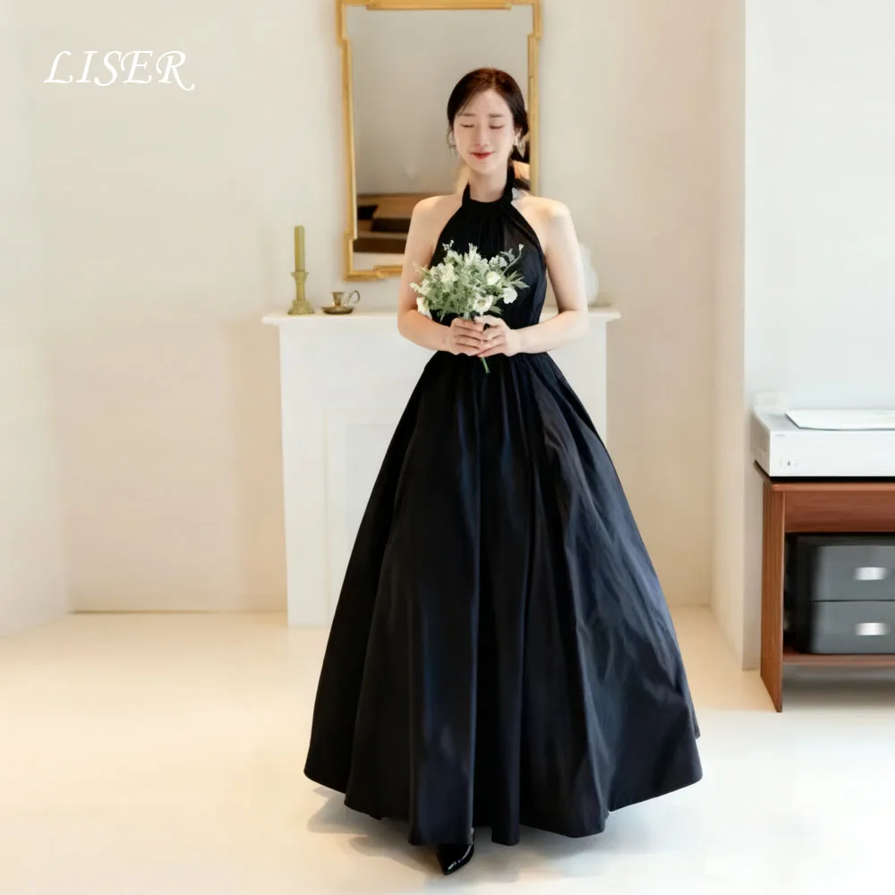 

Liser Simple Black Halter Neck Evening Dresses 웨딩드레스 Taffeta Backless Sleeveless Customized Korea Women A-Line Prom Gowns