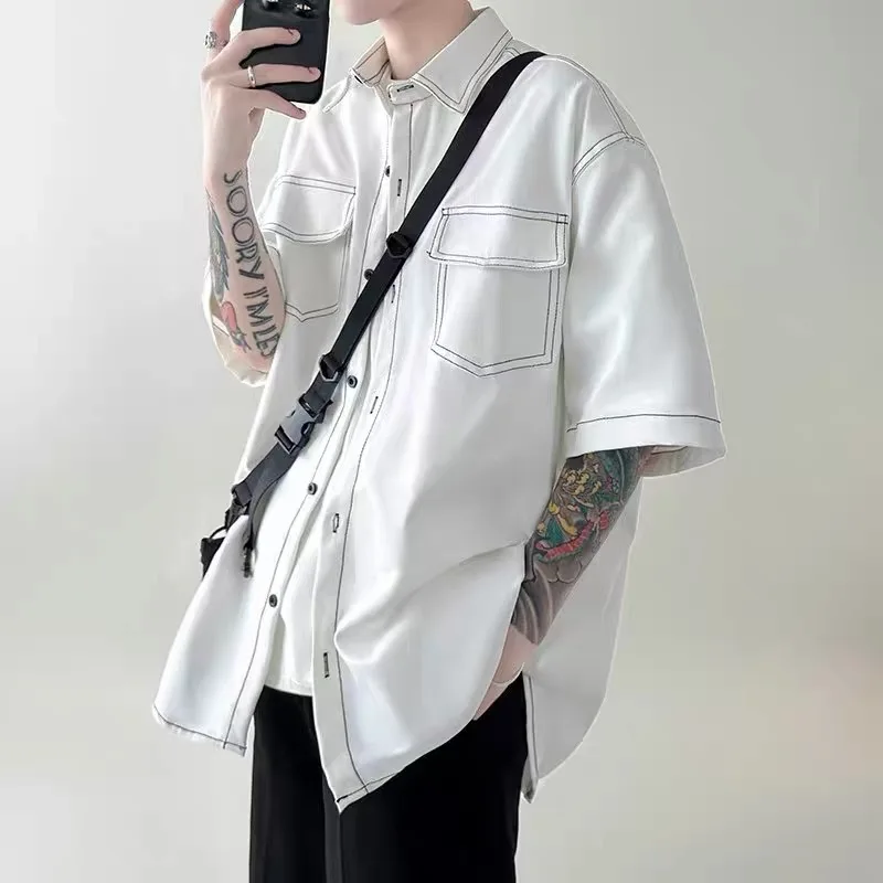 Summer Short Sleeved Shirt Men Fashion Retro Black White Shirt Men Streetwear Korean Loose Casual Shirt Mens Vintage Shirts