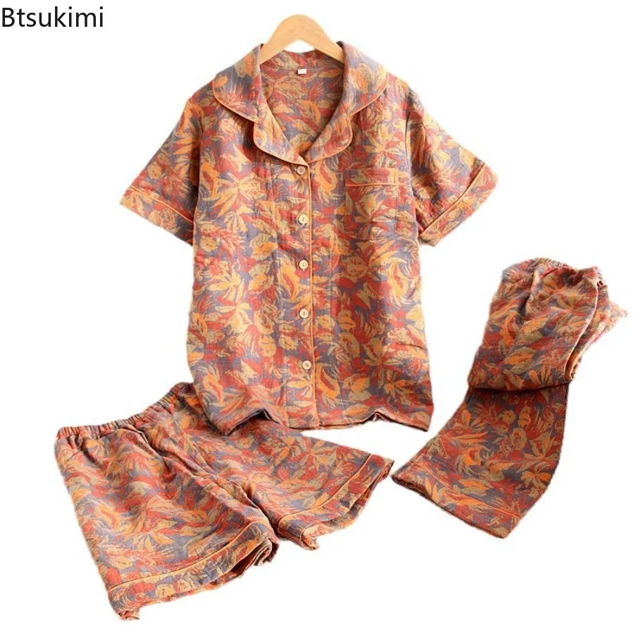 Summer Women's Three Piece Pajamas Set Jacquard Cotton Yarn Woven Floral Printed Cardigan Short Sleeved Shorts Long Pants Suit