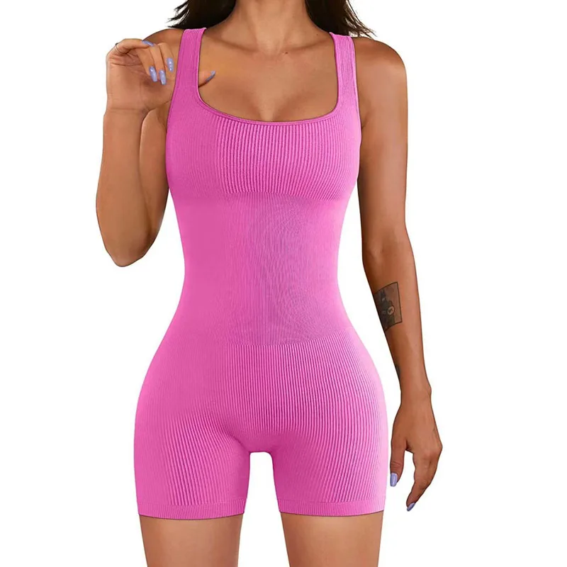 Summer Women Seamless Knit One-piece Yoga Suit Square Collar Jumpsuit Thread Sexy Go out Hip Lift Slim Shorts Jumpsuit