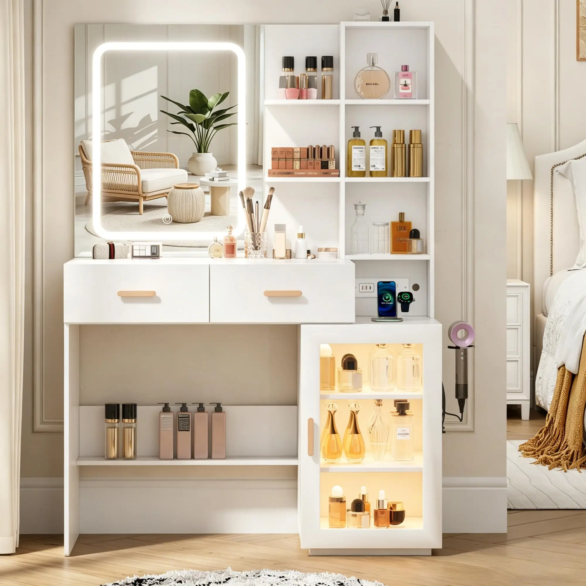 Orange Makeup Vanity Desk with LED Lighted Mirror