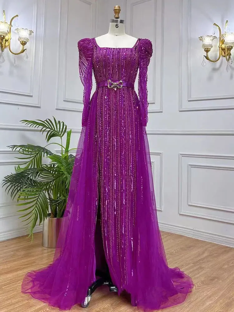 Luxury Dubai Fuchsia Evening Dresses For Women Wedding Elegant Long Sleeve Square Neck Overskirt Arabic Formal Prom Party Gown