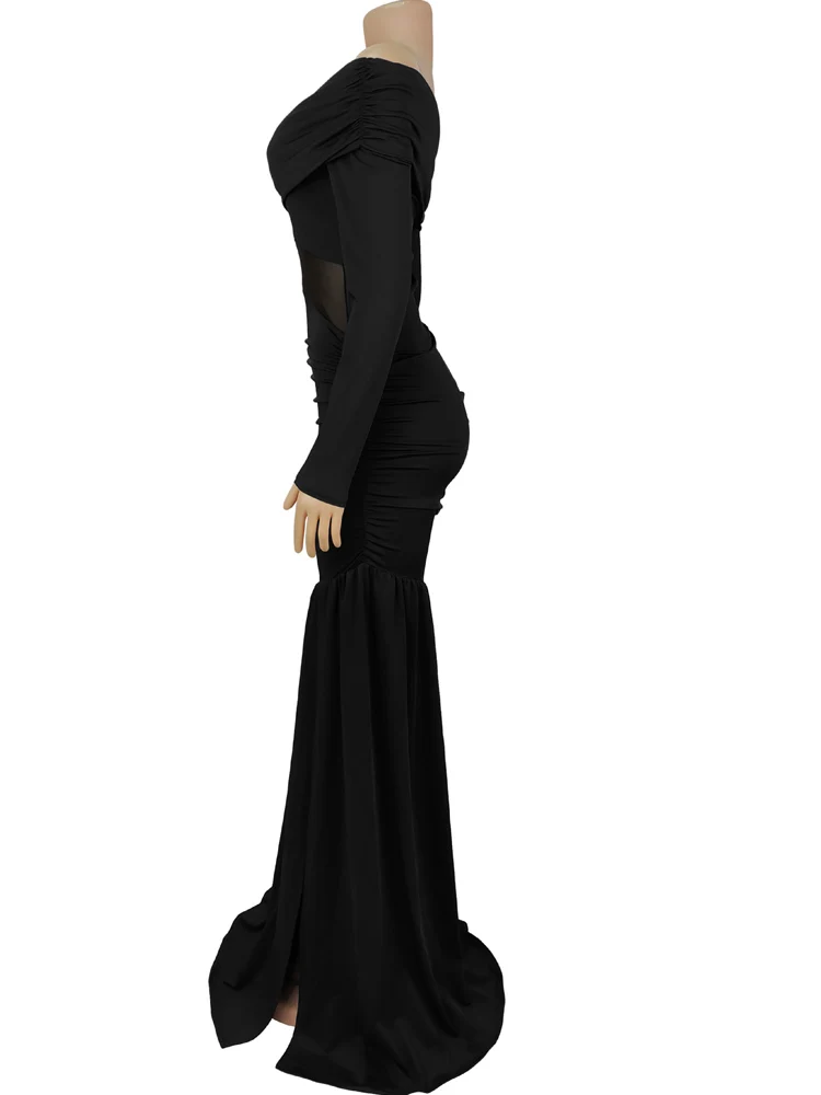 Kricesseen-Vestido largo de manga larga para mujer, vestido Sexy negro con hombros descubiertos, vestido de noche Formal de sirena fruncido con corte de malla