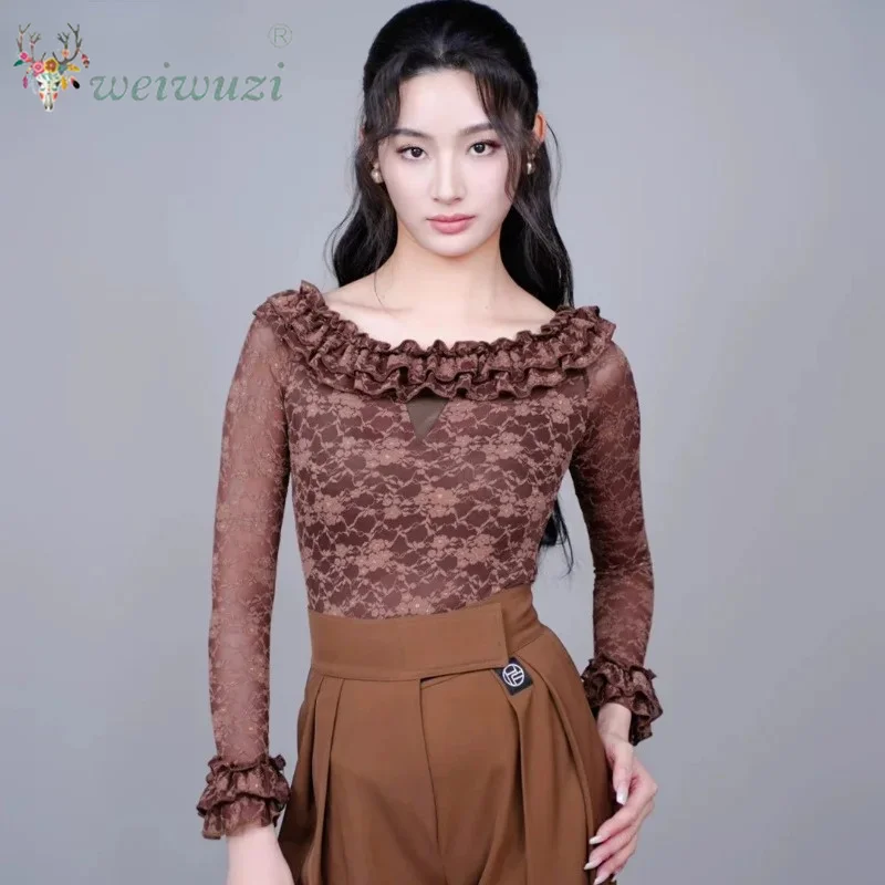 Modern Dance Practice Suit Lace Wood Ear Edge Jumpsuit Top Women Waltz Latin Adults Ballroom Dance Performance Costumes Wearing