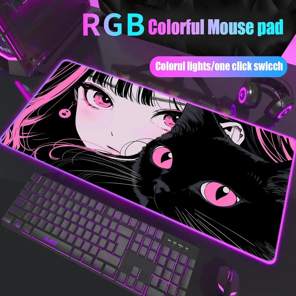 

Black cat Mouse Pad Gamer Rgb Desk Mat Back Light Led Mousepad Setup Gaming Accessories Deskmat Big Mousepad Backlight