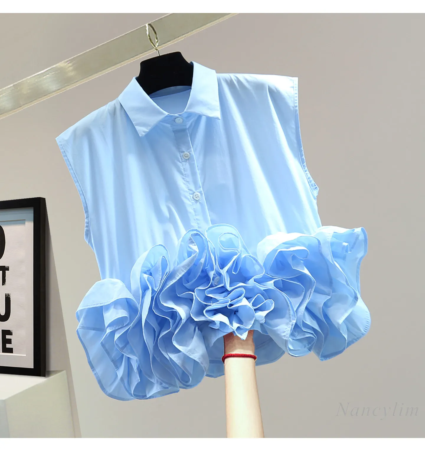 

Ruffles Sleeveless Shirt for Women, 2026 Summer Loose Slimming Look High Waist Short Pure Color Casual Blue Blouse Trend, Tops