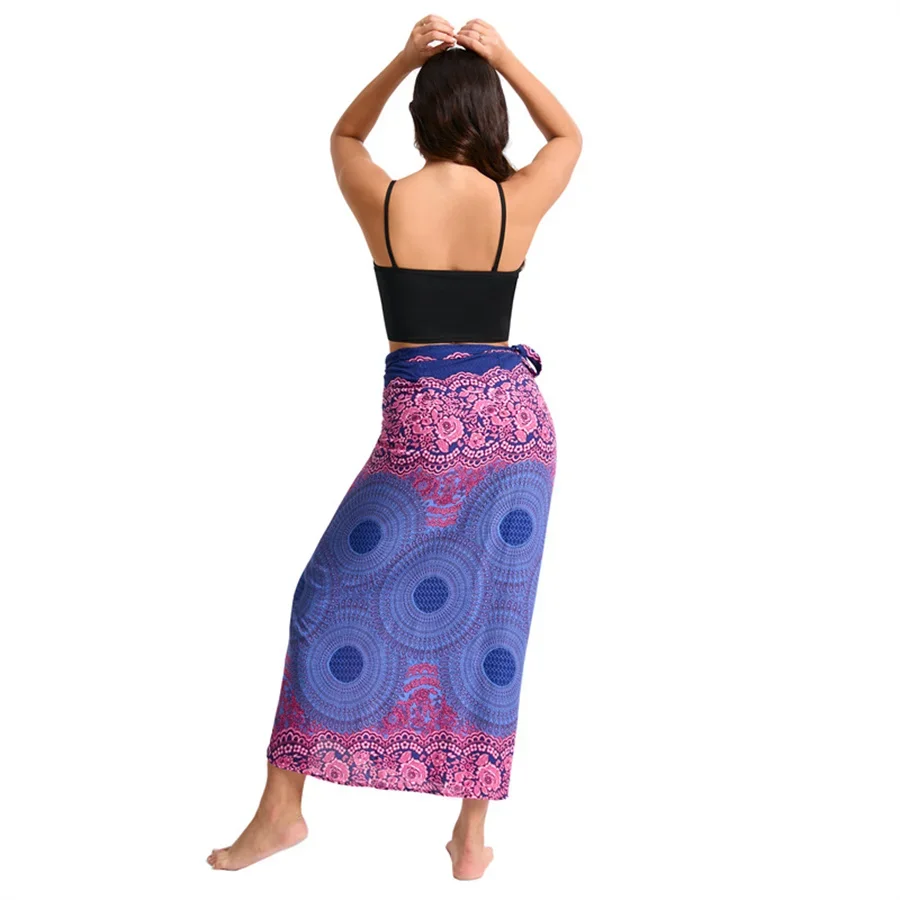 Abito da donna Boho Maxi Wrap Gonna lunga con allacciatura Abito da spiaggia Copricostume Abito vintage bohémien regolabile a vita alta in rayon