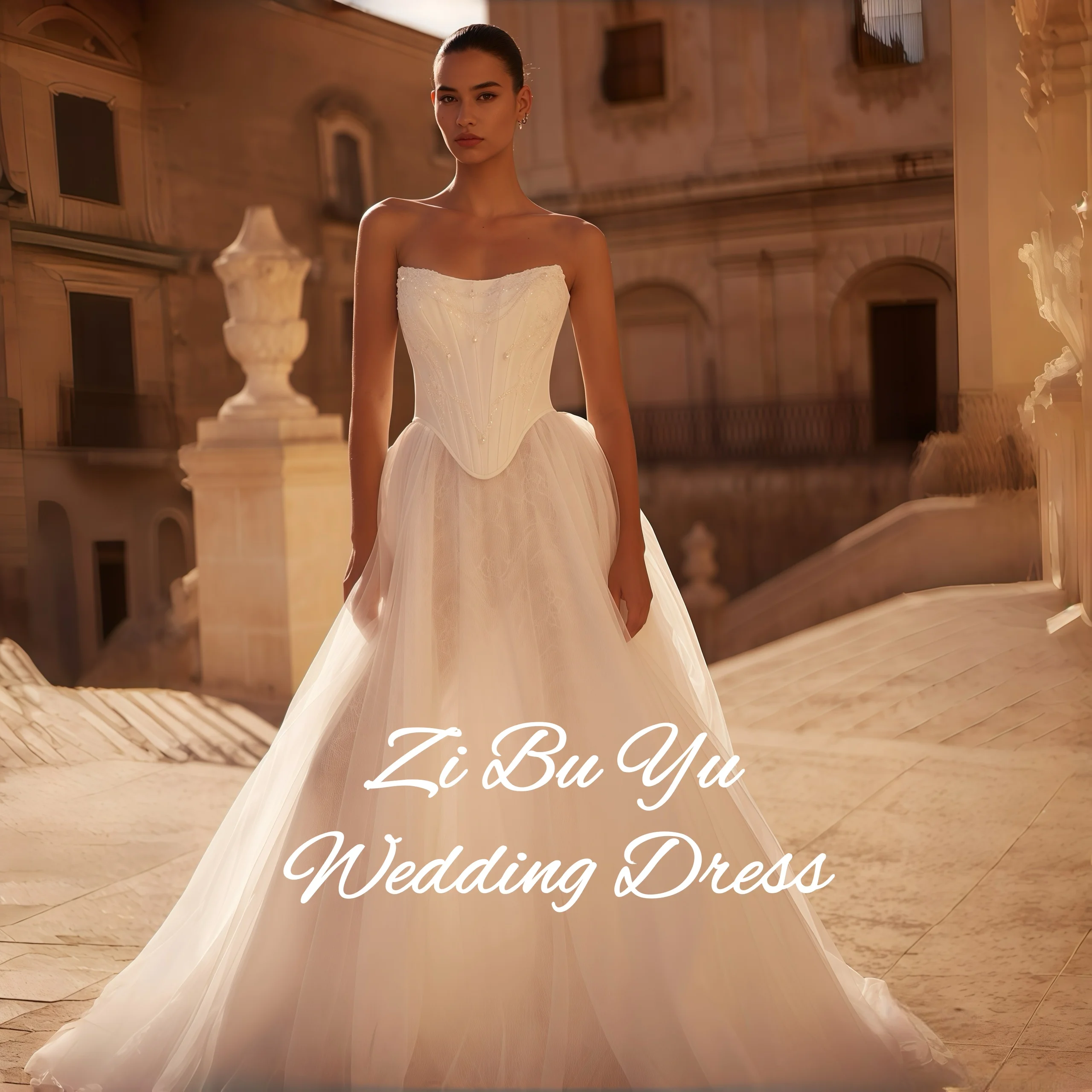 

ZIBUYU Customized Luxury Wedding Dress Strapless Sweetheart Neck Backless Corset Bodice Beaded Tulle A-Line Train Bridal Gown