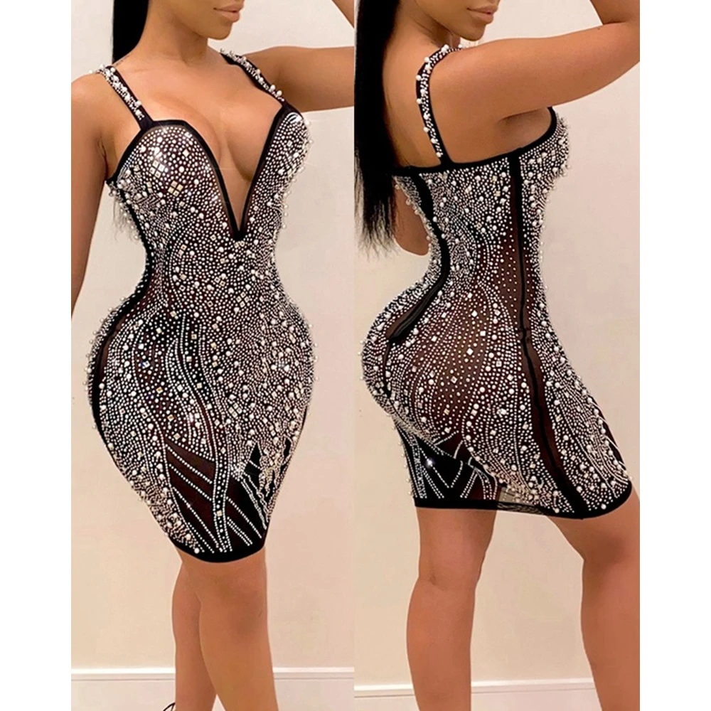 Party Women Rhinestone Beaded Sheer Mesh Deep V Neck Black Dress Spaghetti Strap Bodycon Mini Short Dresses Sexy Outfits