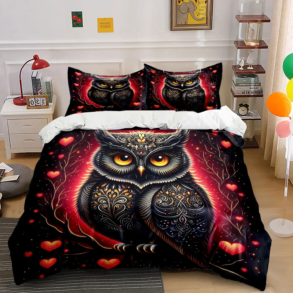 Ornate owls with heart background Printed Duvet Cover Set1 Duvet Cover+2 PillowcaseMulti Size Bedroom Bedding Decoration