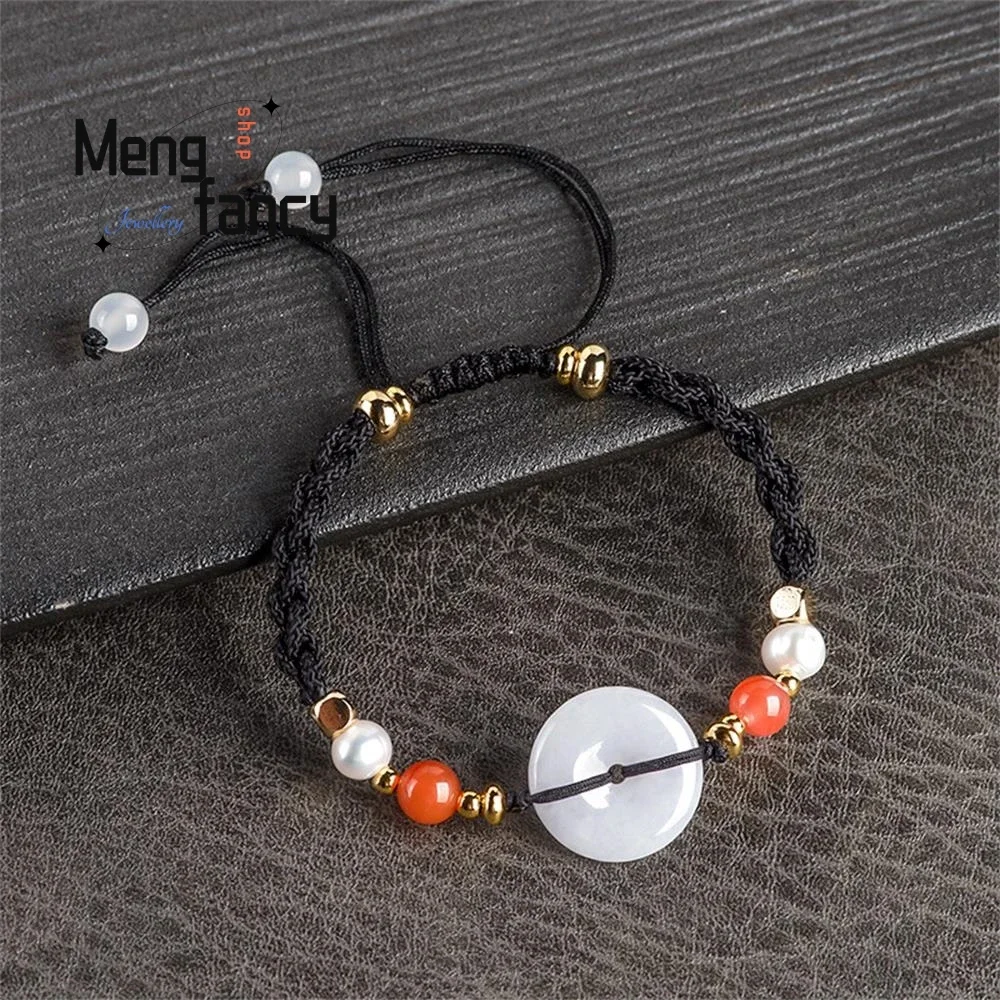 

High-grade Hand-woven Natural A-goods Jadeite Peace Button Hand Rope Bracelet Handicraft Best Selling Charm Fashion Fine Jewelry