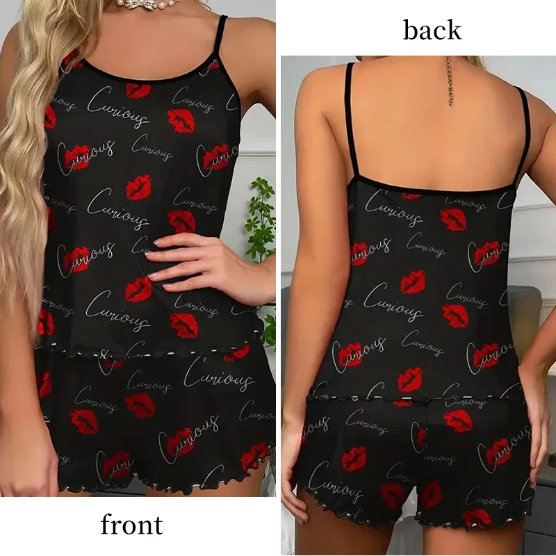 Two Piece Set of Women\'s Red Printed Pattern Round Neck Suspender Home Pajama Set Women\'s Summer Home Casual Pajama Set