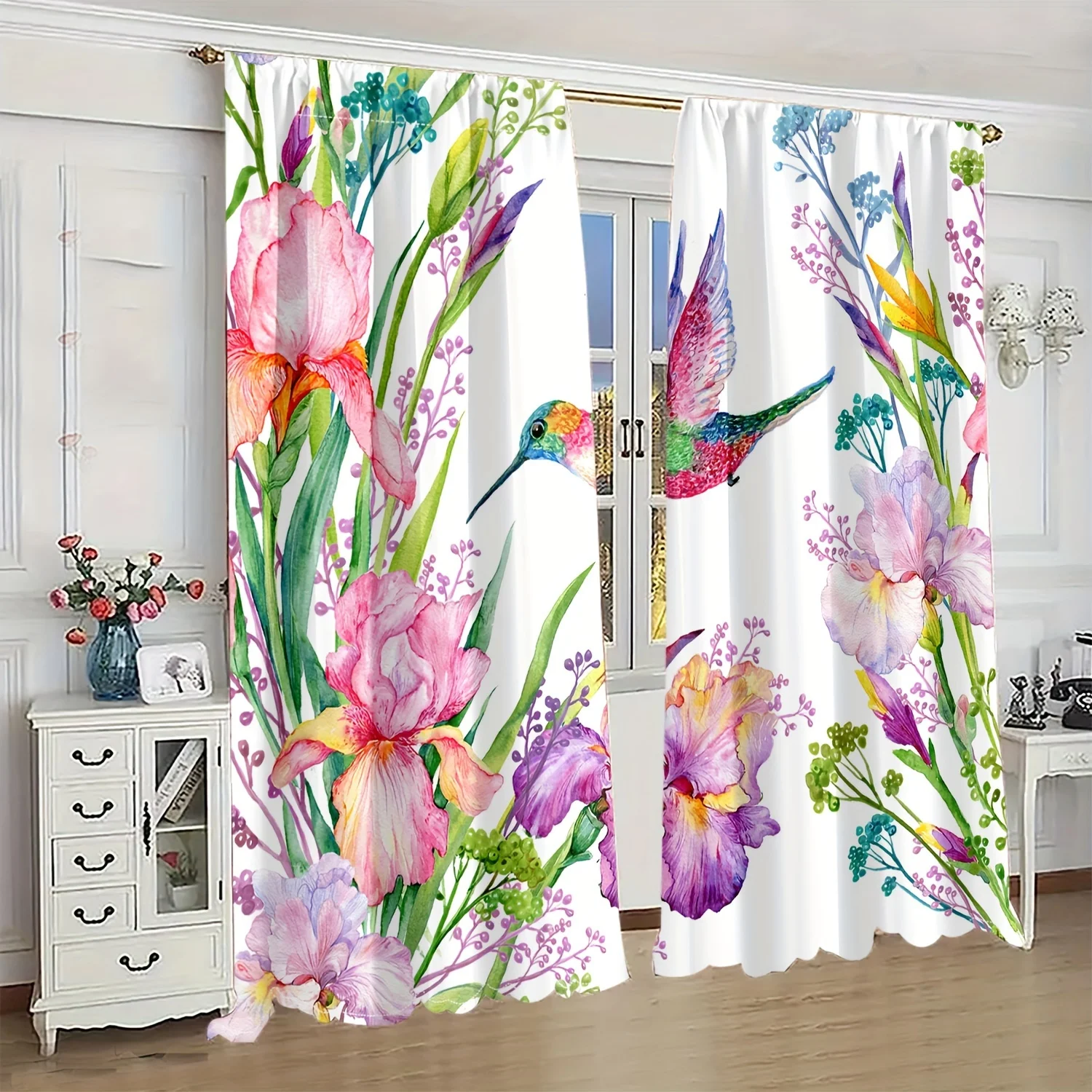 

2pcs Colorful Hummingbird Prints Light Filtering Curtains Semi-Sheer Privacy Window Drapes Treatments For Bedroom Living Room