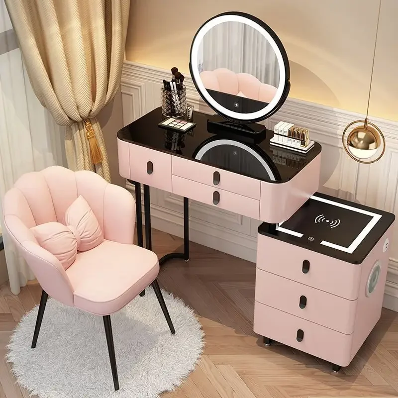 Table de maquillage multifonctionnelle moderne avec chargement sans fil intelligent, miroir LED nuage sonore, table de chambre à coucher de luxe