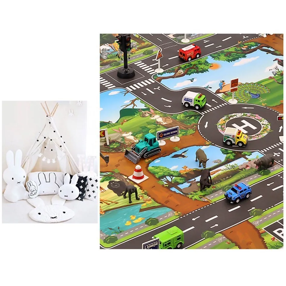 Tapis de jeu de zoo pour enfants, carte d'animaux, voiture, jouets pour tout-petits, polymères inoling, bébés garçons et filles