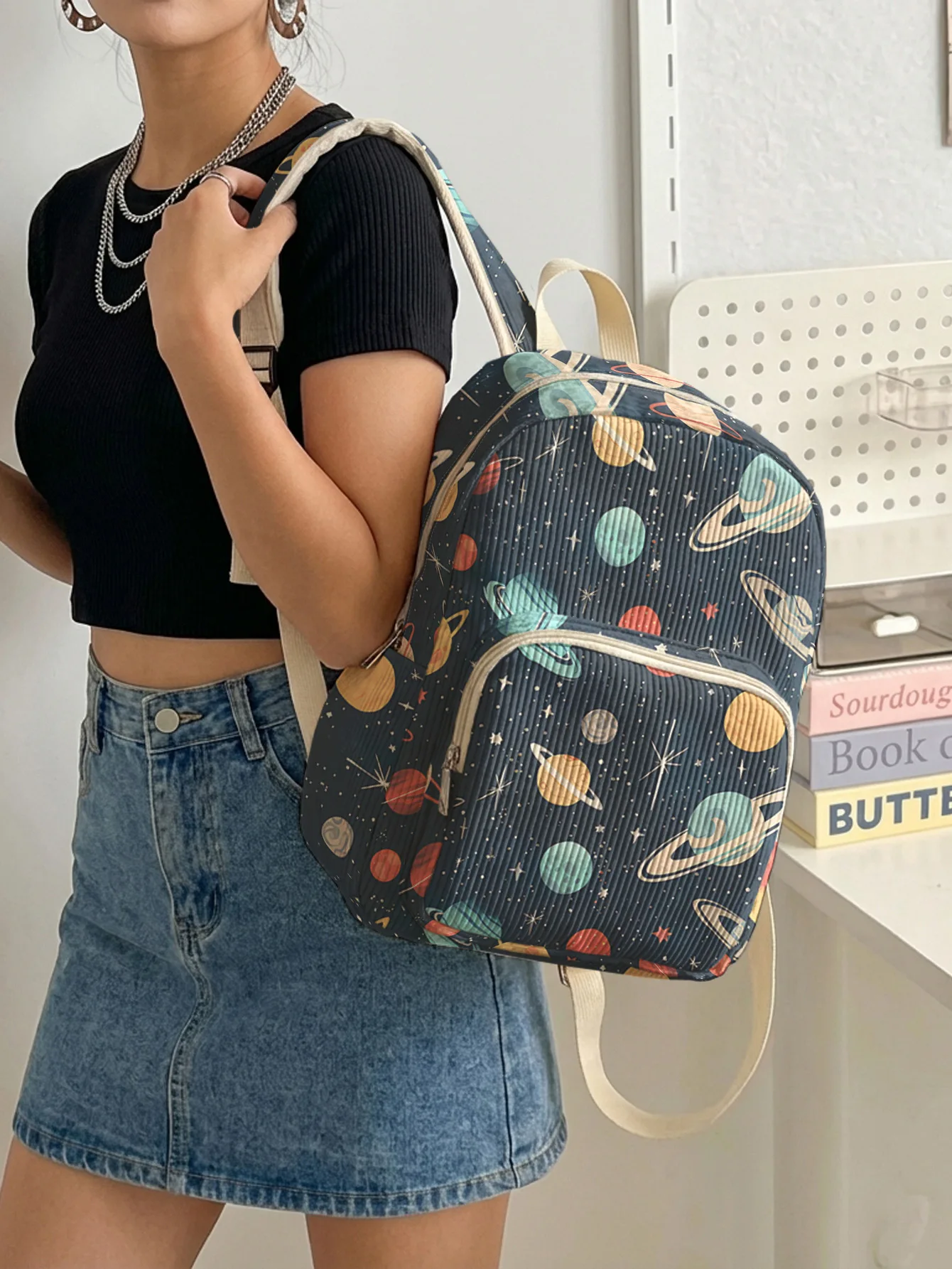 Planet Star Space Allover Print Kids Backpack Dark Blue Corduroy Multi-pocket Large Capacity School Travel Bag view 2