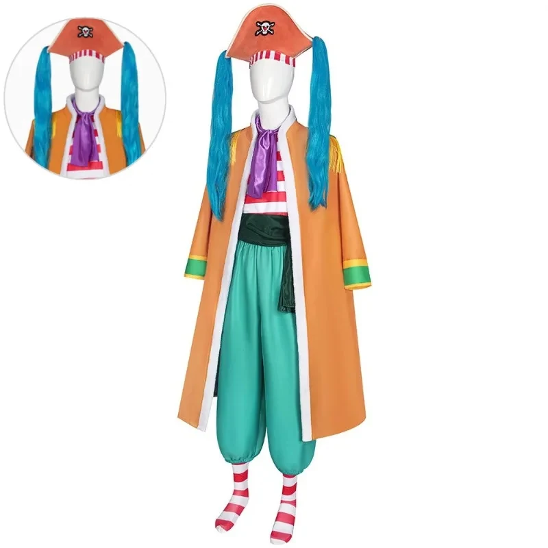 

Euro 7 Cos Buggy The Clown Cosplay Costume Captain Halloween Full Set Red Coat Striped Hat Blue Pom Poms for Men Women 【【【2