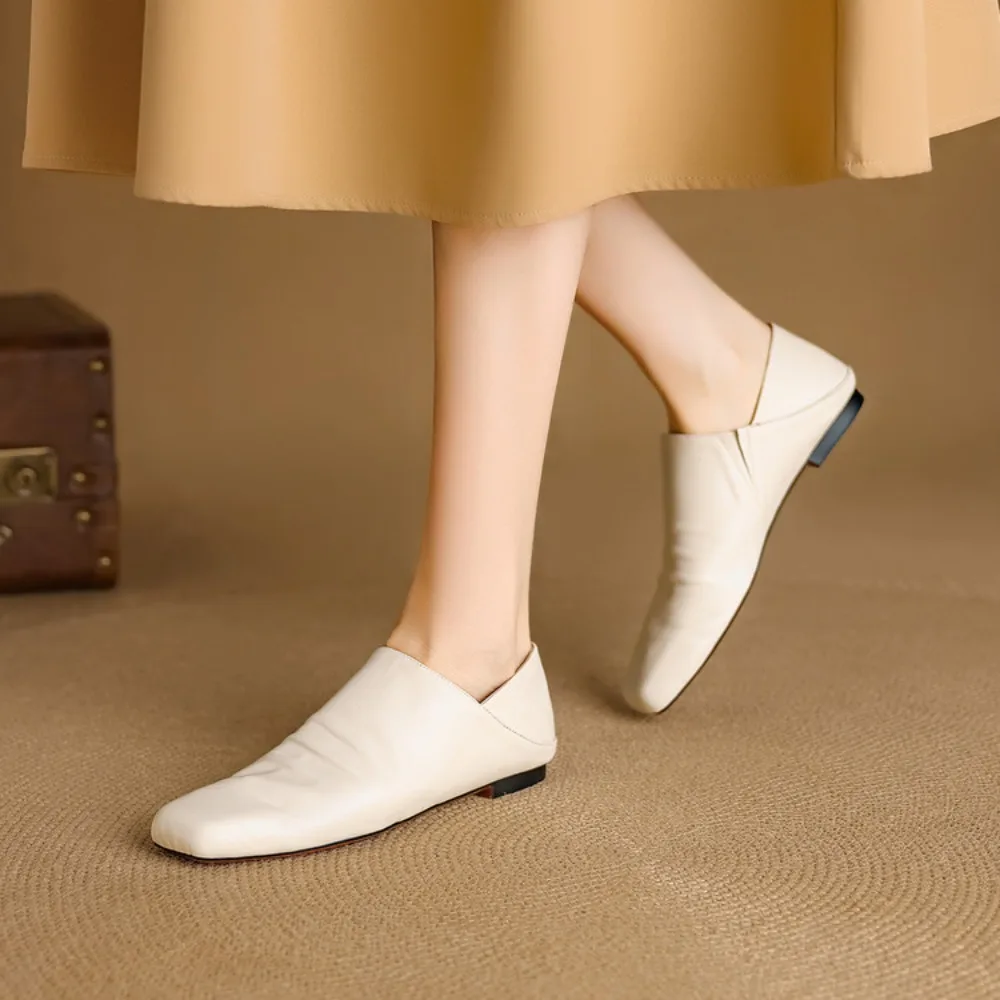 2026 Spring Women's Genuine Leather Flat Shoes, Square Toe Soft Comfortable for Office & Home Daily Wear