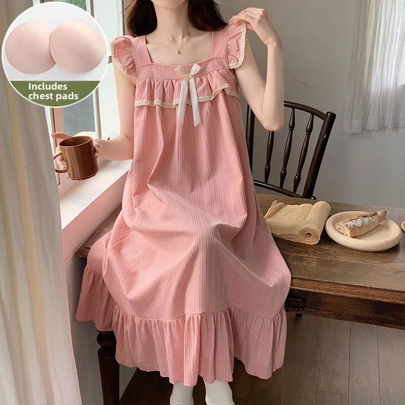 

Pure Cotton Summer Sleep Dress Women's Princess Style Sweet Small Flying Sleeve Maternity Nightgown with Chest Pad ...