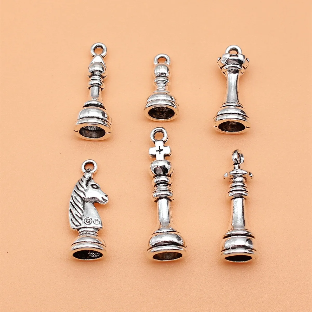 6pcs Antique Silver Color International Chess Charms Collection For DIY Jewelry Making, 6 Styles, 1 of Each