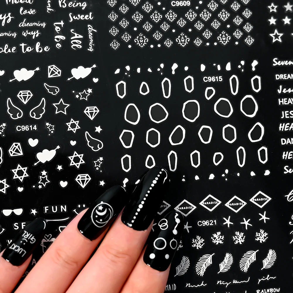 30pcs 3D White Irregular Pattern Nail Stickers Mixed Flowers Line Dolphin Geometric Nail Sticker Holographic DIY Nails Stickers