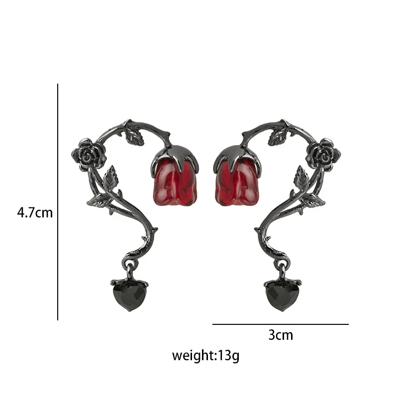 Witch Dark Thorn Vine Red Rose Blossom Earrings for Women Fashion Party Jewelry Accessories Black Rose Dangle Earrings