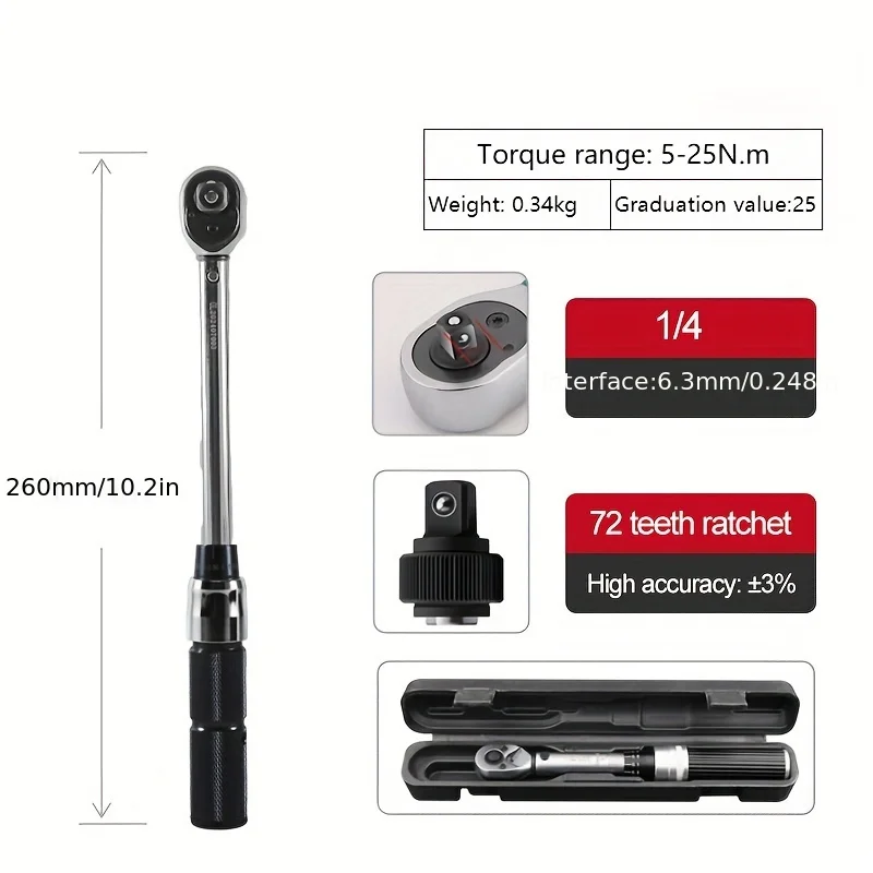 

1/4 inch small wrench 5-25N. m high-precision preset torque wrench adjustable torque ratchet maintenance tool set 15 pieces