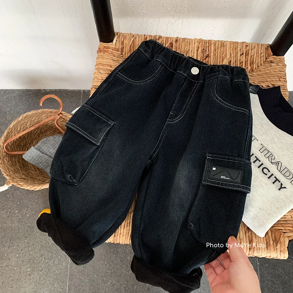 

Toddler Boys Jeans New Winter Solid Color Plus Fleece Kids Baby Boys Demin Pant Versatile Elastic Waist Infant Boys Cargo Pant