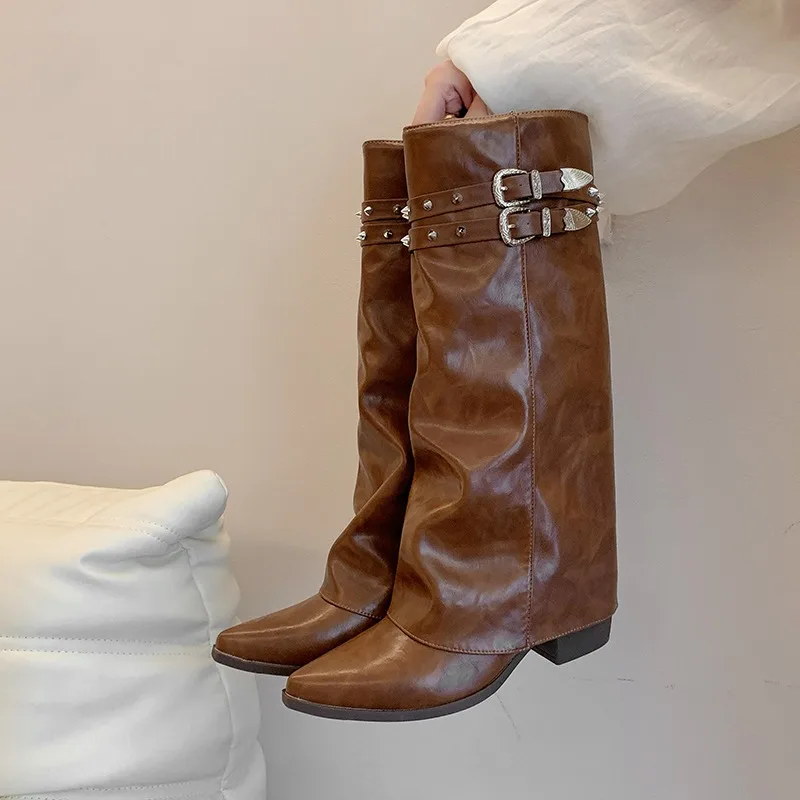 

Waterproof Leather Shoes Autumn New See Sleeve Metal Buckle Soft Sole Non-slip Block Heel High Boots