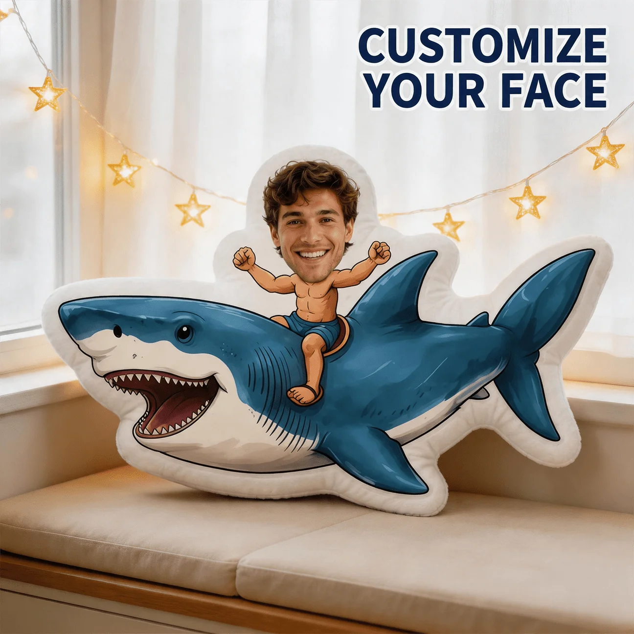 Personalized Photo Shark Pillow - Large Custom Face Cushion with Your Own Picture, Suitable for Sofa & Bed Decor, Birthday/Holid